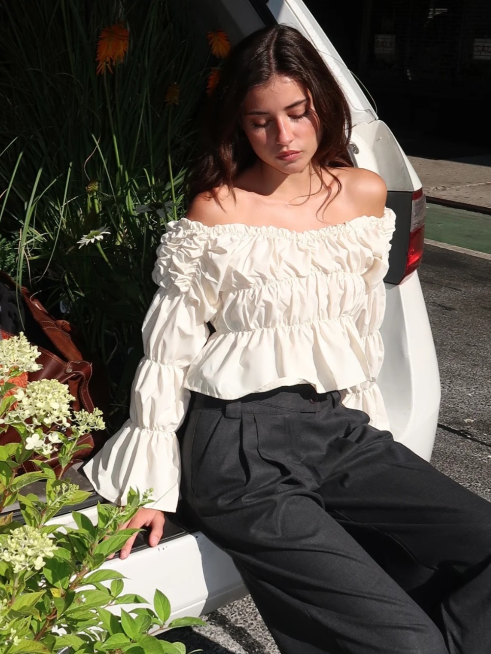 LAAGAM Sadie Ruched Ivory Long-Sleeve Peplum Top